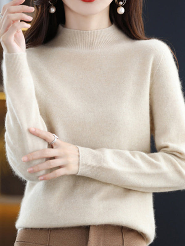 flowersverse Office Long Sleeves Solid Color High-Neck Sweater Tops Pullovers