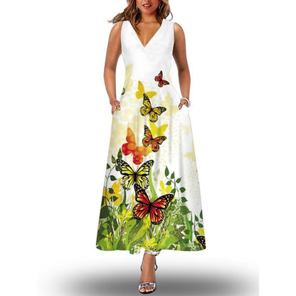 flowersverse Women's Long Dress Maxi Dress Casual Dress Shift Dress Print Dress Floral Butterfly Peacock Fashion Casual Daily Going out Beach Print Sleeveless V Neck Dress Loose Fit Black White Light Green Spring