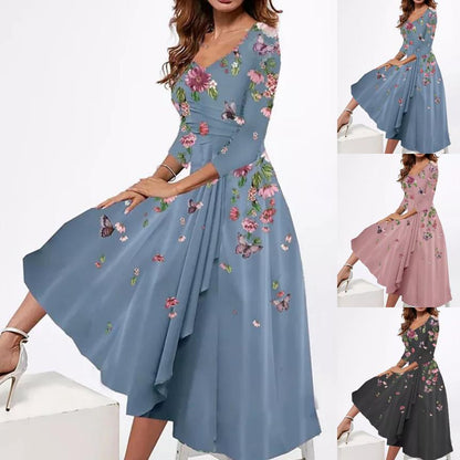 flowersverse Women's Sexy V-neck Loose Floral Print Mid-length Dresses