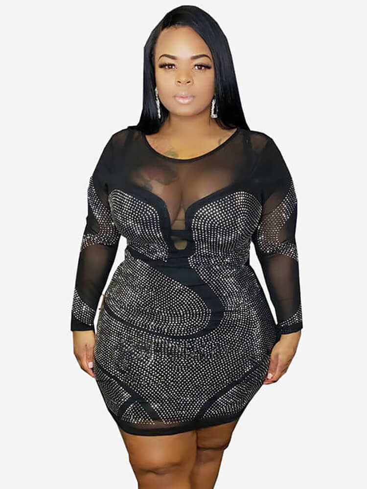 flowersverse Plus Size Sequins Mesh Patchwork Mini Dresses