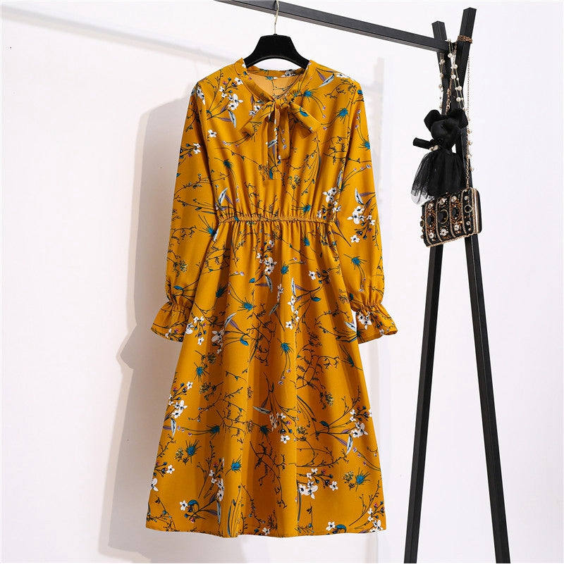 flowersverse Autumn Winter Ladies Chiffon High Elastic Waist Women Bow Aline Full Sleeve Flower Print Floral Party Dress Female Vestido