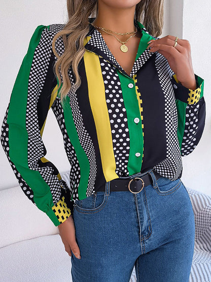 flowersverse Buttoned Contrast Color Polka-Dot Long Sleeves Notched Collar Blouses&Shirts Tops