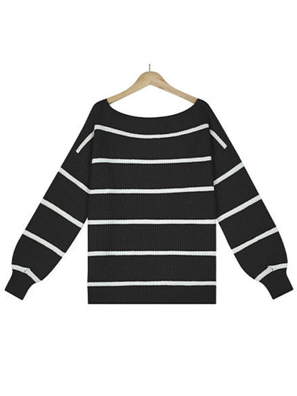 flowersverse Long Sleeves Striped Off-The-Shoulder Sweater Tops