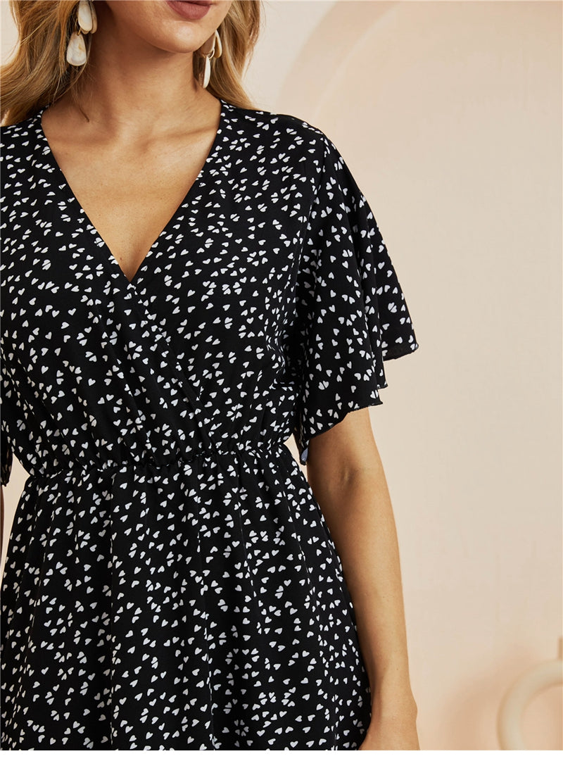 flowersverse Spring Summer Chiffon Dress Women V-Neck Love Dot Print Short Dresses Sweet Ruffle Sleeve Slim Ladies Drawstring Dress