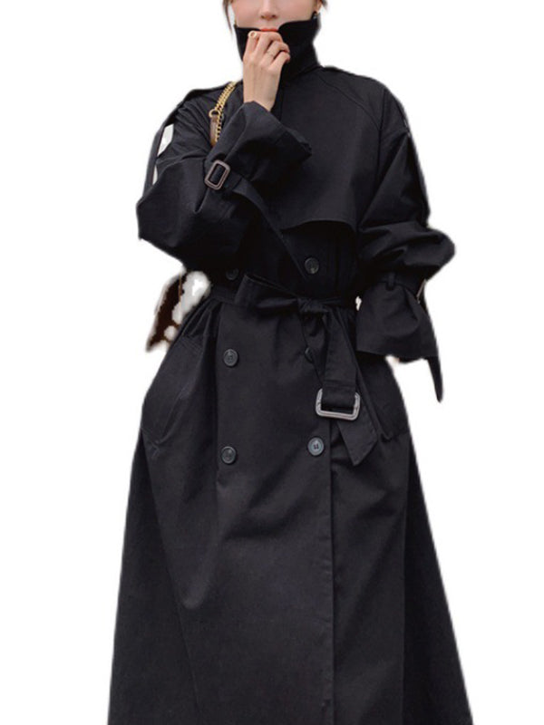 flowersverse Buckle Buttoned Solid Color Split-Back Long Sleeves Loose Lapel Trench Coats