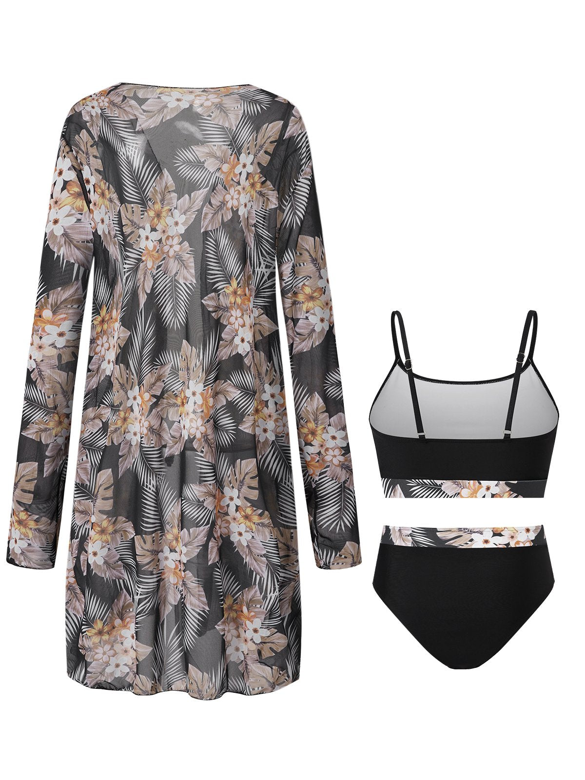flowersverse Elegant Plants Printing Scoop Neck Bikinis set Three-Piece Set