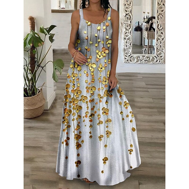 flowersverse Women's Long Dress Maxi Dress Swing Dress Summer Dress Slip Dress Floral Oil Painting Fashion Romantic Vacation Weekend Spring Dress Print Sleeveless Strap Dress Regular Fit Yellow Blue Dark Green