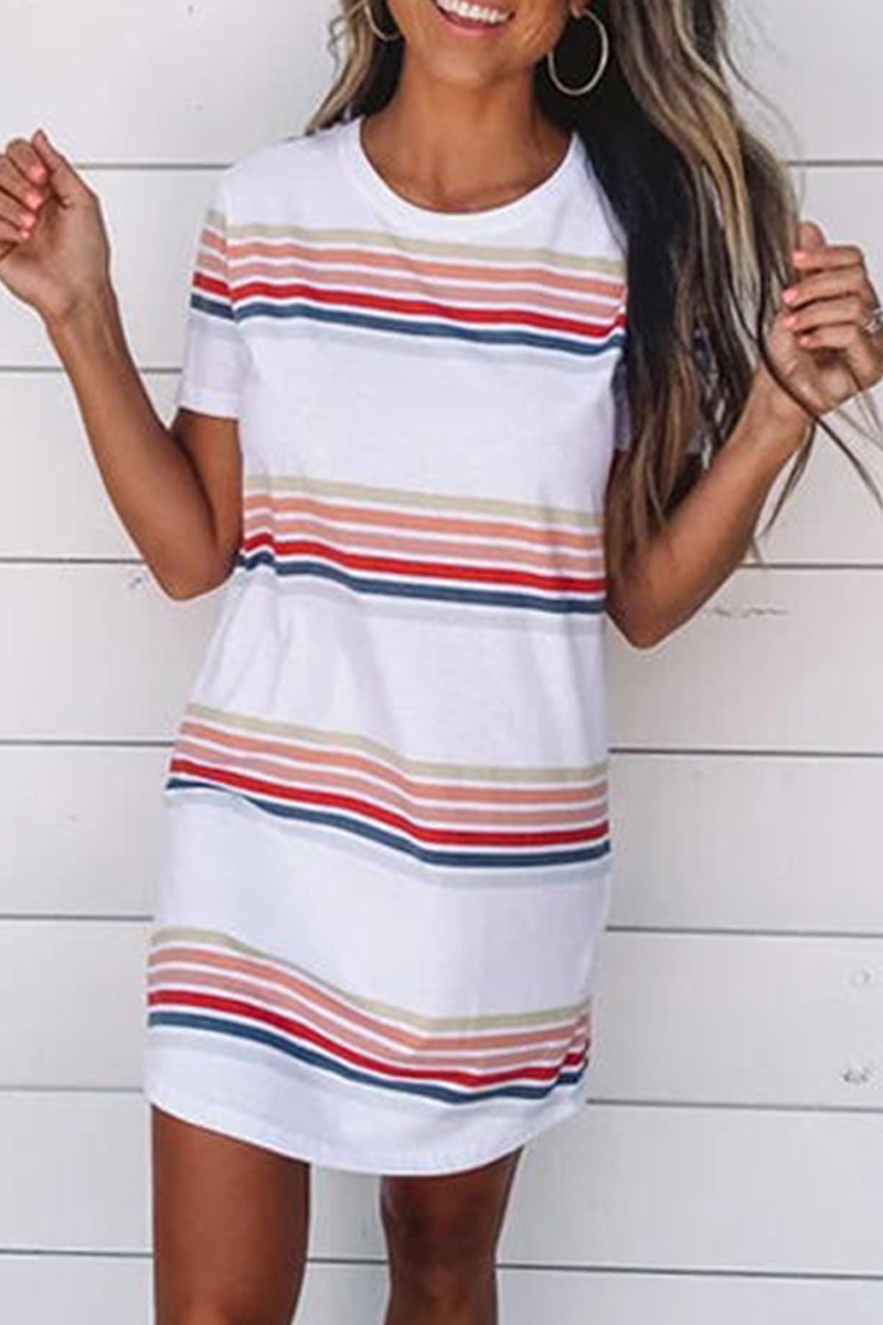 flowersverse Casual Striped Character Print Contrast O Neck Short Sleeve Dress Dresses