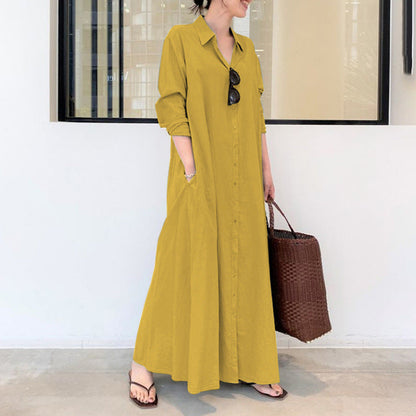 flowersverse Cotton And Linen Loose Casual Long Shirt Dress