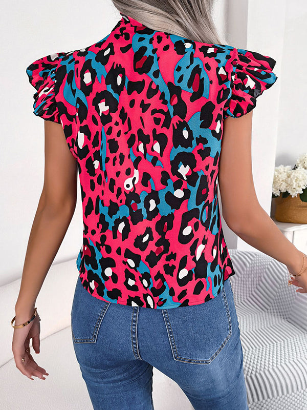 flowersverse Leopard Cap Sleeve Loose Statement Collar Vest Top