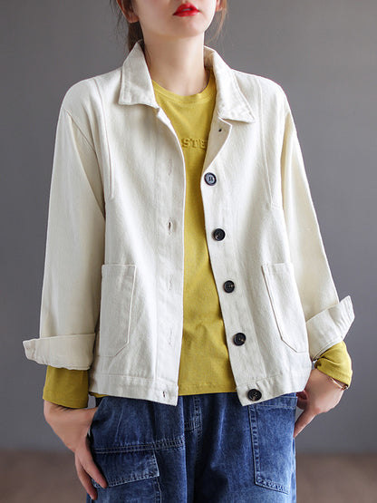 flowersverse Vintage Loose Long Sleeves Buttoned Solid Color Lapel Collar Outerwear