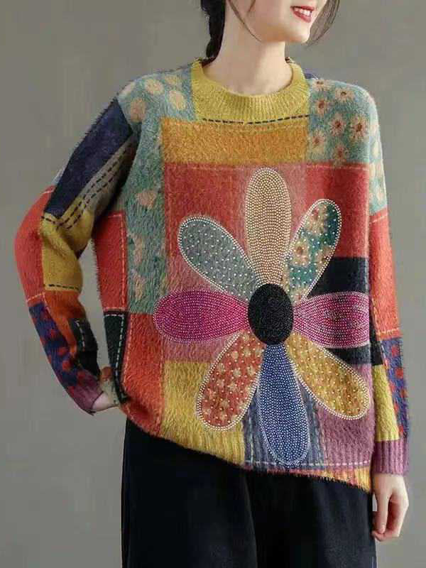 flowersverse Flower Print Rhine Stones High-low Long Sleeves Round-neck Sweater Tops Pullovers