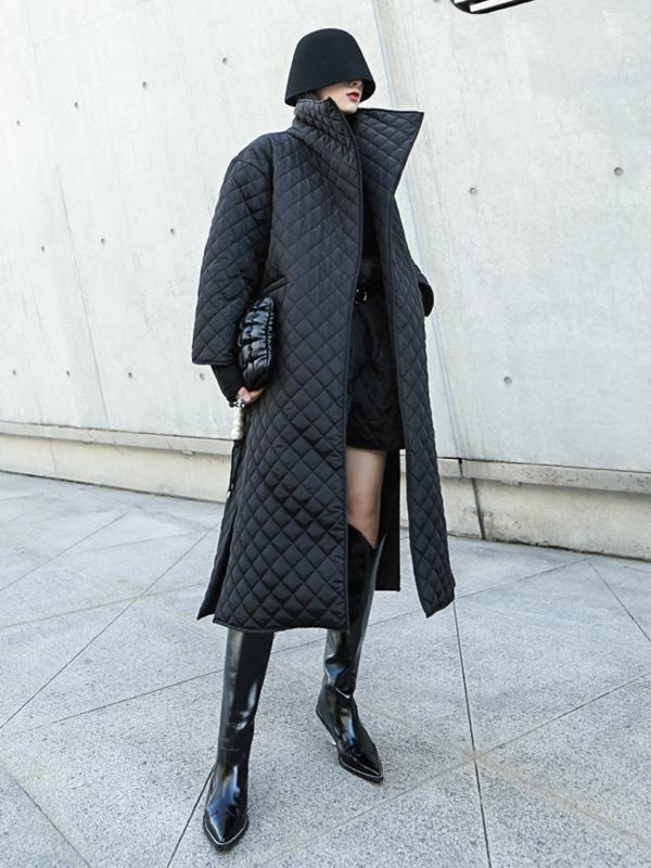 flowersverse Black Rhombic Split-Side High Collar Long Coat