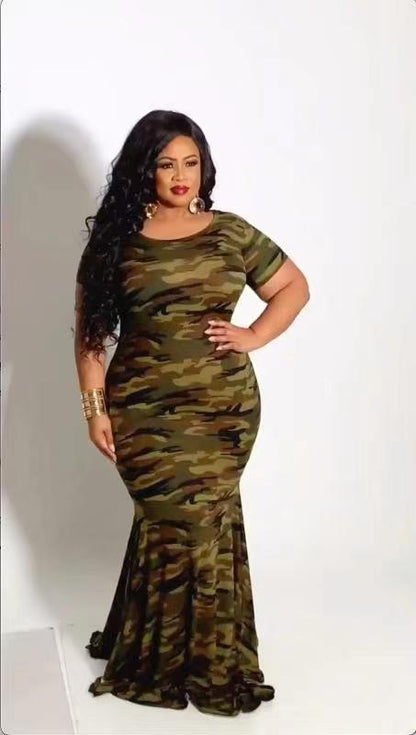 flowersverse Plus Size Women Camouflage Print Short Sleeve Dress