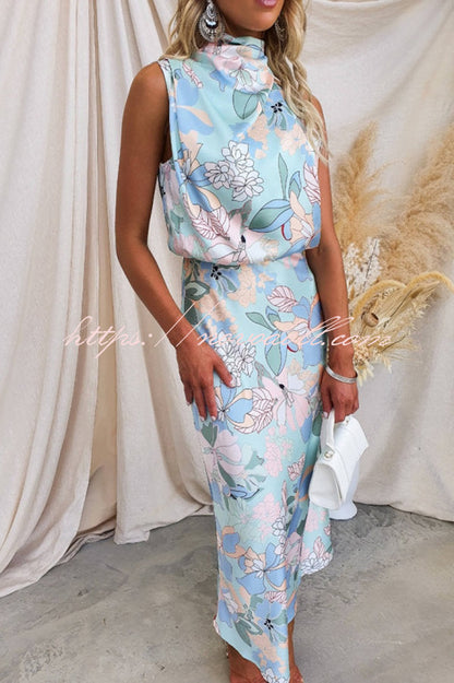 flowersverse Love In The Garden Floral Halter Neck Elastic Waist Maxi Dress