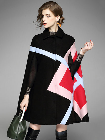 flowersverse Original Loose Batwing Sleeves Contrast Color Striped Lapel Collar Cape Coats