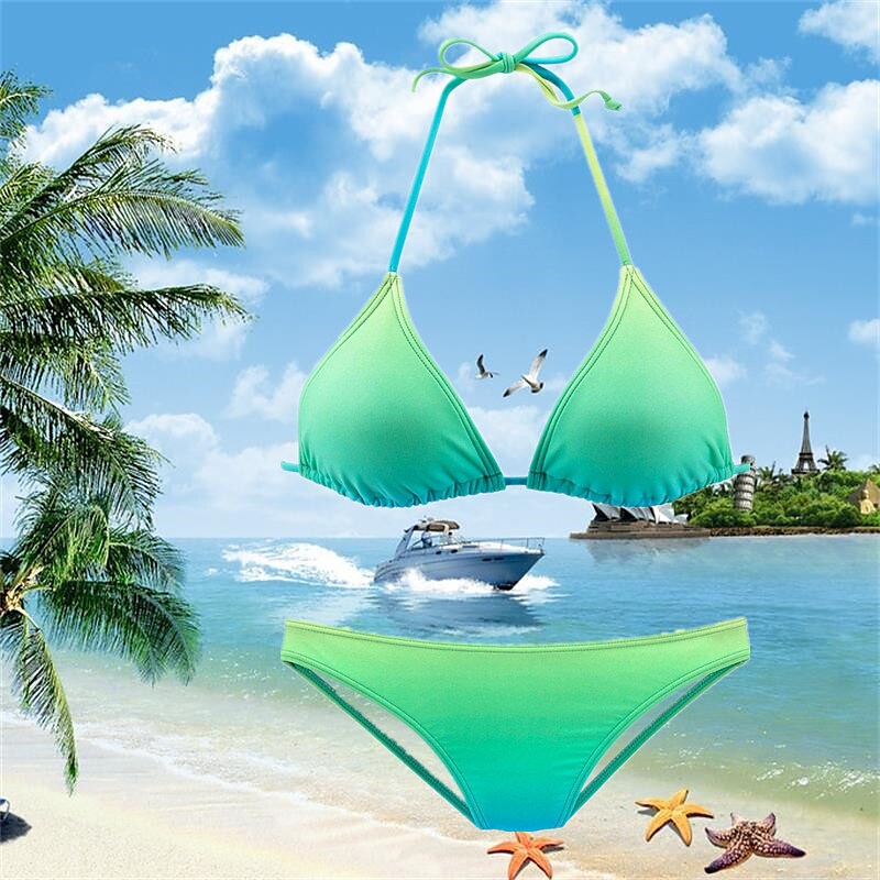 flowersverse Women's Swimwear Bikini 2 Piece Normal Swimsuit Open Back Printing string Gradient Color Green Red Halter V Wire Bathing Suits Sexy Vacation Fashion / Modern / New / Padded Bras