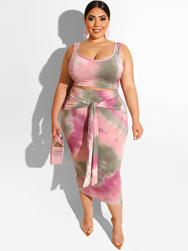 flowersverse Plus Size Two Piece Tank Top + Midi Skirt Set