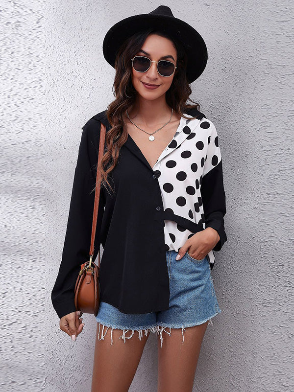 flowersverse Casual Loose Long Sleeves Buttoned Contrast Color Polka-Dot Lapel Collar Blouses&Shirts Tops