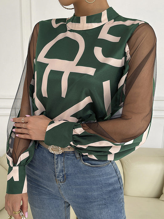 flowersverse Buttoned Hollow Letter Print See-Through Split-Joint Long Sleeves Round-neck Shirts Tops Blouses&shirts Tops