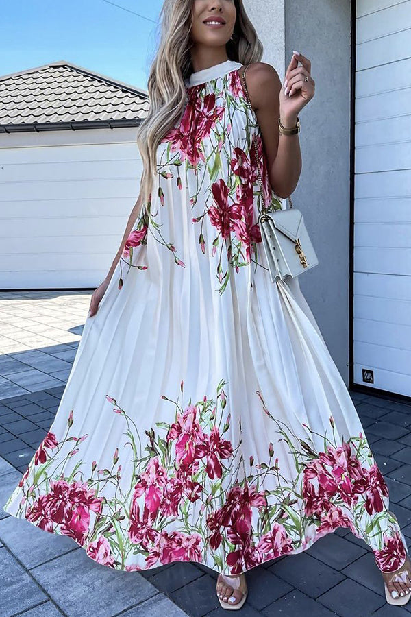 flowersverse Life In Floral Pleated Halter Neck Maxi Dress