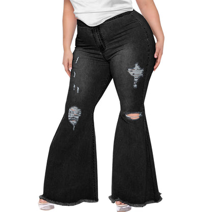 flowersverse Trendy Slim Wide Leg Ripped Plus Size Bell Bottom Denim Pants