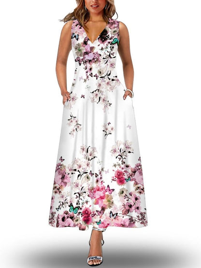 flowersverse Women's Long Dress Maxi Dress Casual Dress Shift Dress Print Dress Floral Butterfly Peacock Fashion Casual Daily Going out Beach Print Sleeveless V Neck Dress Loose Fit Black White Light Green Spring