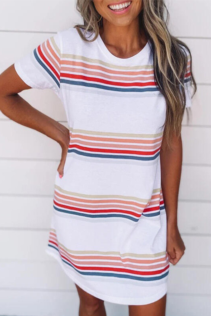 flowersverse Casual Striped Character Print Contrast O Neck Short Sleeve Dress Dresses