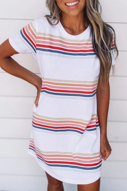 flowersverse Casual Striped Character Print Contrast O Neck Short Sleeve Dress Dresses