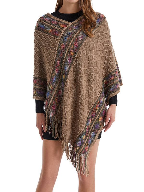 flowersverse Asymmetric Tasseled Loose V-Neck Shawl&Cloak Cape