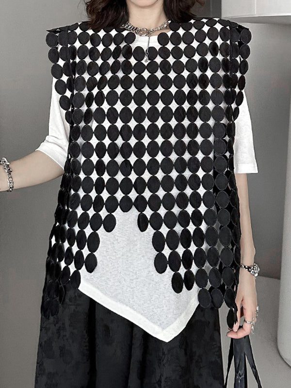 flowersverse Hollow Solid Color Split-Joint Irregular Clipping Loose Round-Neck Vest Top