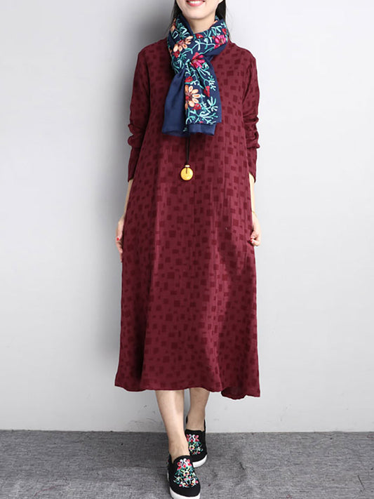 flowersverse Plus Size Women Retro Chic Buttons Long Sleeves Wine Red Dress