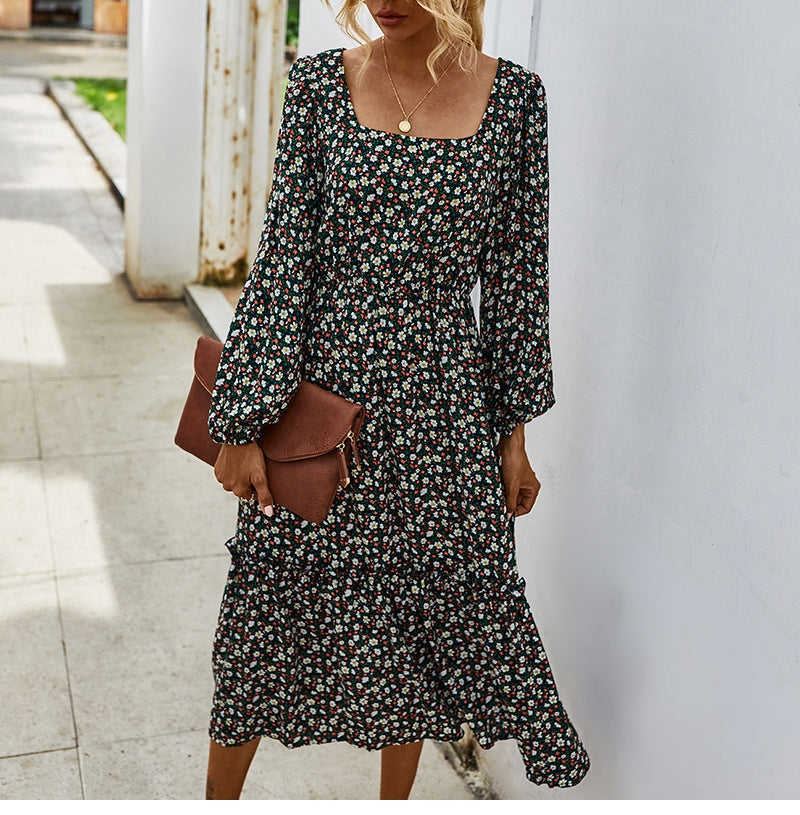 flowersverse Retro Ladies Square Collar Floral Long Dress Autumn Winter Women High Waist Full Sleeve Elegant Chic Dress