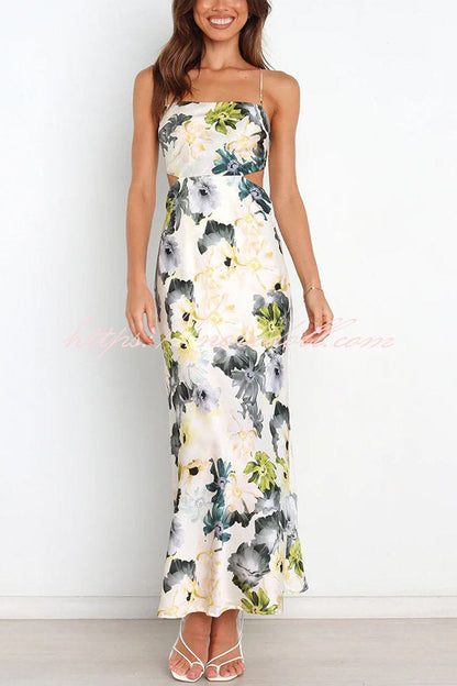 flowersverse Garden Party Floral Satin Cut Out Back Lace-up Maxi Dress