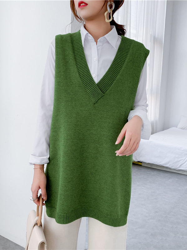 flowersverse Trendy Sleeveless Split-Side Solid Color V-Neck Knitted Vest