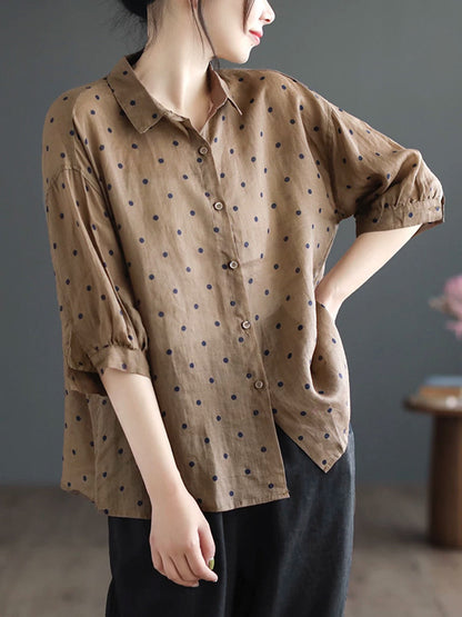 flowersverse Polka-Dot Half Sleeves Loose Lapel Blouses&shirts Tops