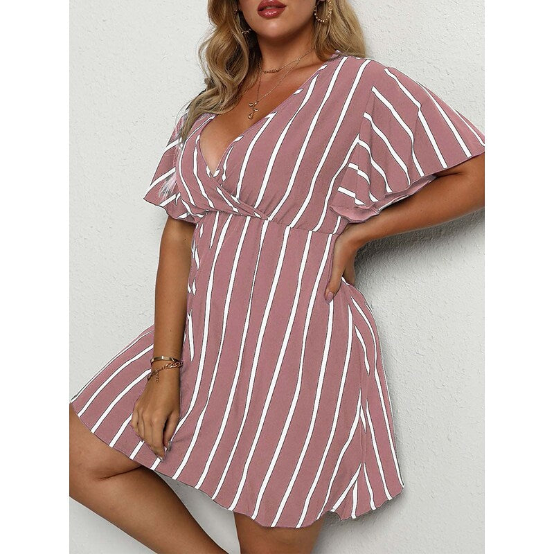 flowersverse Women's Plus Size Casual Dress A Line Dress Stripe Mini Dress Short Sleeve Print V Neck Fashion Outdoor ArmyGreen Black Spring Summer L XL XXL 3XL 4XL