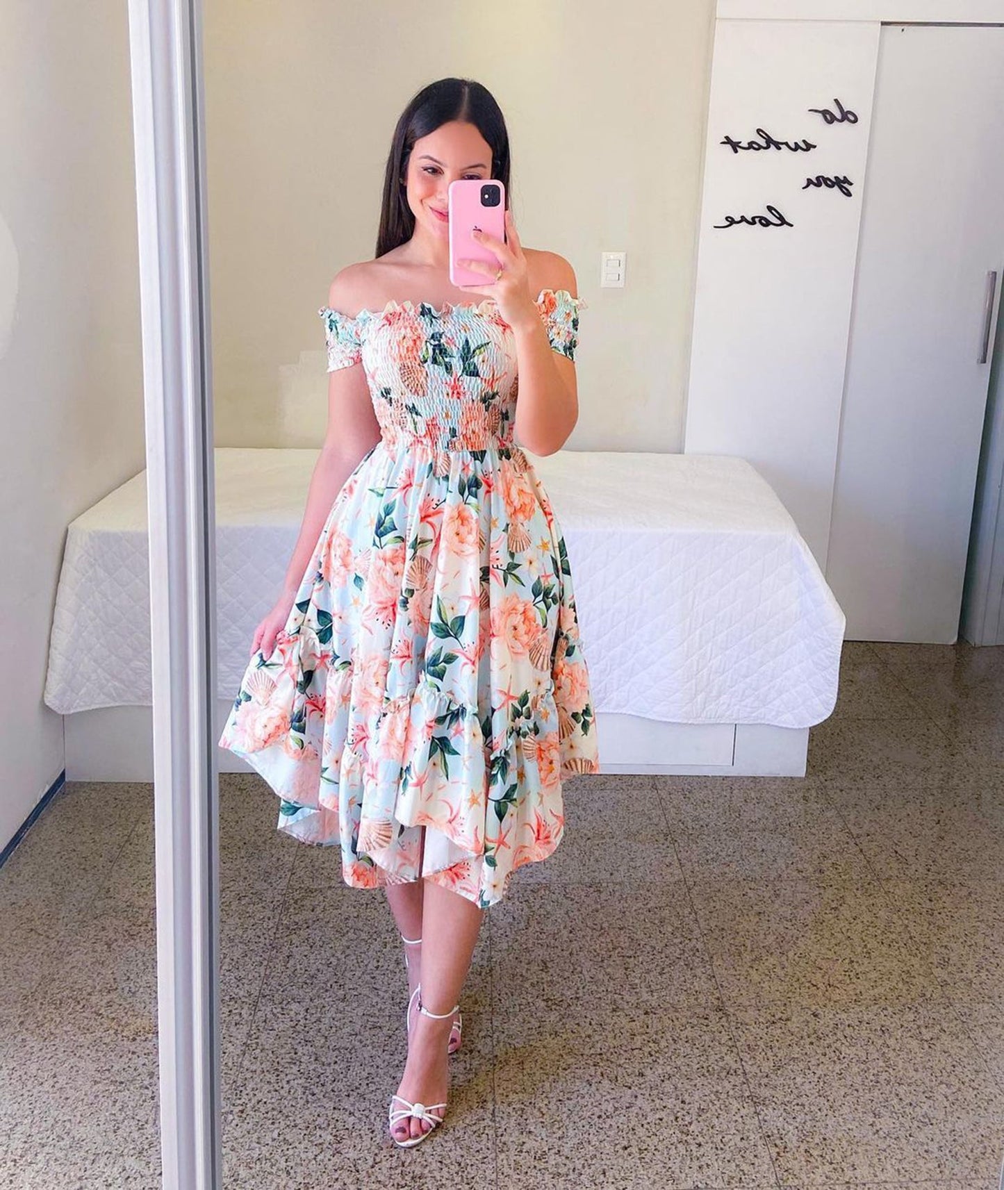 flowersverse Off Shoulder Floral Ruffle Short Sleeve Midi Dress