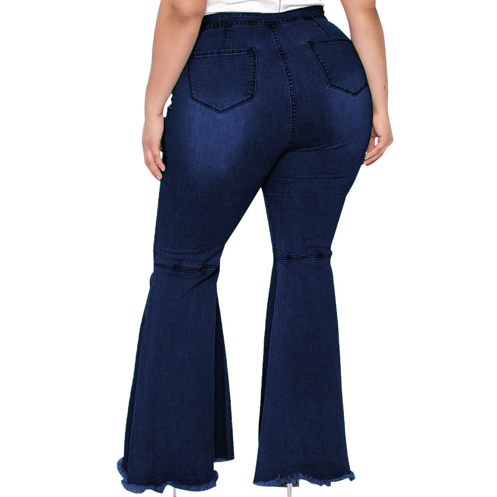 flowersverse Trendy Slim Wide Leg Ripped Plus Size Bell Bottom Denim Pants