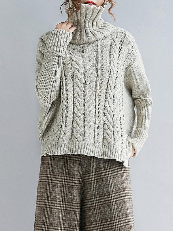 flowersverse Cable- Knit High-neck Solid Loose Sweater