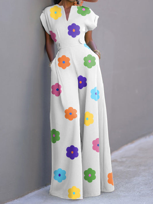flowersverse Cap Sleeve Wide Leg Floral Printed Jumpsuits