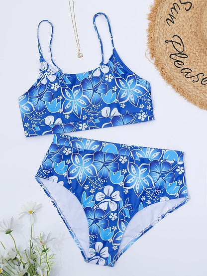 flowersverse Women's Swimwear Bikini Normal Swimsuit 2 Piece Printing Floral Red Blue Orange Bandeau Bathing Suits Sports Summer