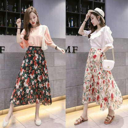 flowersverse  Fashion Women Floral Pleated Boho Midi Skirt High Waist Ladies Casual Summer Party Cocktail Wrap Skirt Sundress