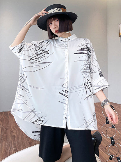 flowersverse Simple Loose High-Low Contrast Color Blouse