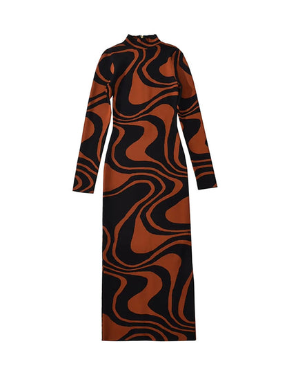 flowersverse Long Sleeves Skinny Contrast Color Printed Split-Back Split-Joint Zipper High Neck Midi Dresses