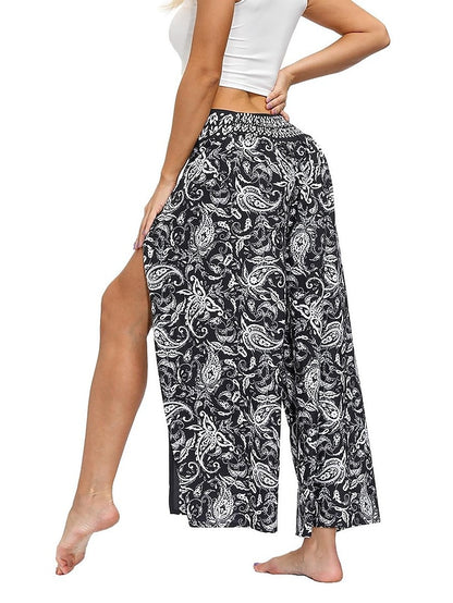 flowersverse Women's Harem Wide Leg Pants Trousers Light gray Gray Black High Waist Basic Boho Gym Yoga Layered High Cut Micro-elastic Full Length Comfort Pattern S L / Drop Crotch / Plus Size / Loose Fit / Print