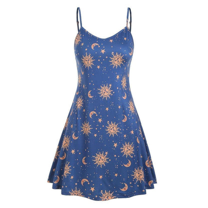 flowersverse Women Starry moon pattern Printed O-Neck Sleeveless Dress