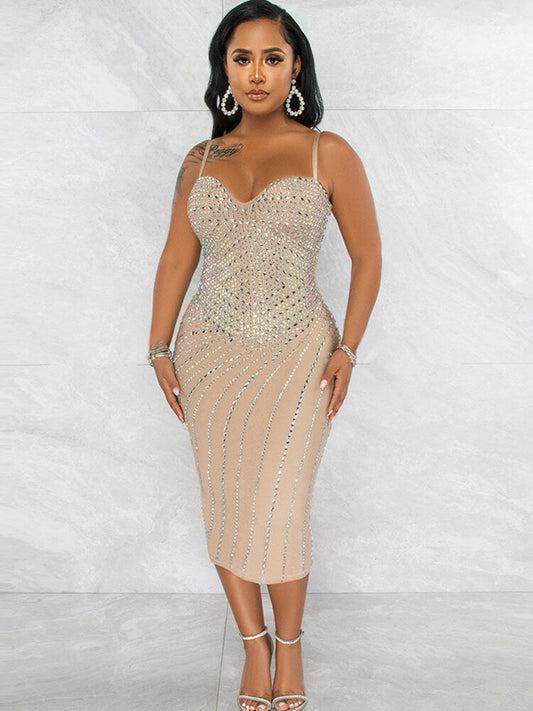 flowersverse Spaghetti Strap Rhinestone Bodycon Midi Dress