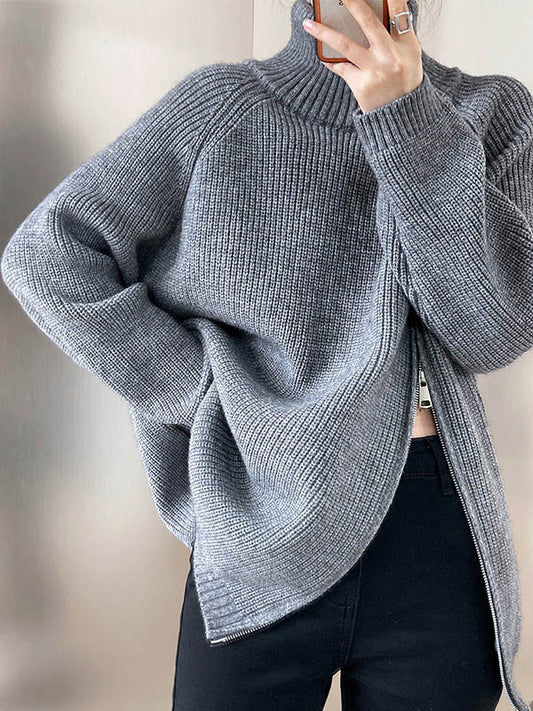 flowersverse Split-Joint Split-Side Zipper Long Sleeves Loose High Neck Sweater Tops
