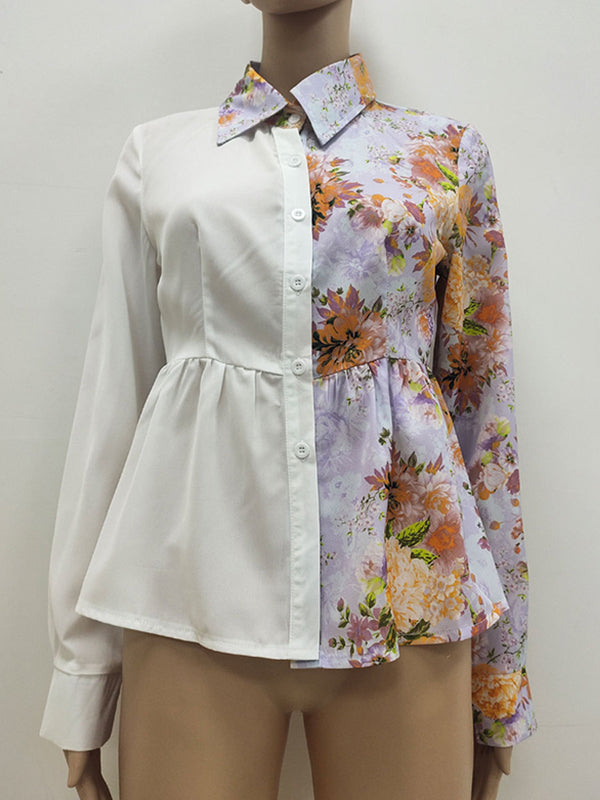 flowersverse Asymmetric Flower Print Split-Joint Wrap Shirts Tops Blouses&shirts Tops